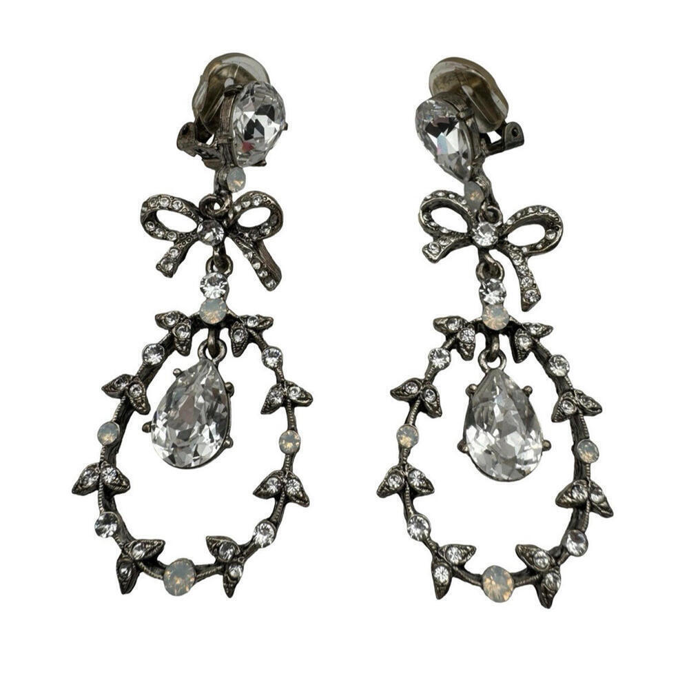 Oscar De La Renta Bow Drop Crystal Silver Tone Earrings